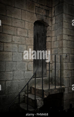 Porte médiévale dans mur de pierre avec des marches menant jusqu'à elle. Banque D'Images