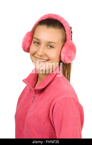 Happy girl teen en casque rose Banque D'Images