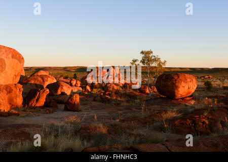 Les rochers de granit érodés rouge au Devil's Marbles, une destination touristique populaire, Territoire du Nord, NT, Australie Banque D'Images