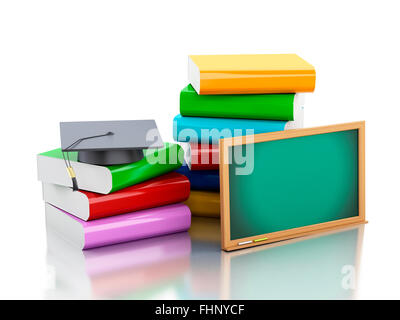 Moteur de rendu 3d illustration. Tableau noir avec pile de livres. L'éducation scolaire concept sur fond blanc Banque D'Images