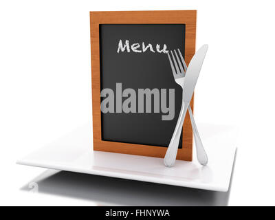 Moteur de rendu 3d illustration. Panneau de menu avec assiette, fourchette et couteau. Isolé sur fond blanc Banque D'Images