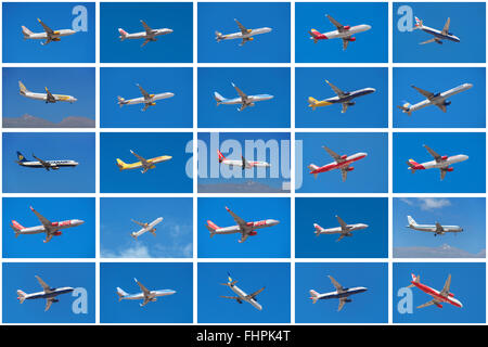 TENERIFE, ESPAGNE - circa 2016 : Ensemble des différents types d'avions, de différentes compagnies aériennes. Banque D'Images
