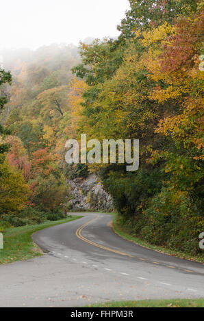 Tôt le matin route sur route de montagne juste à côté de la Blue Ridge Parkway le long de la frontière de la Caroline du Nord et au Tennessee Banque D'Images