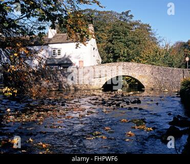 Vue sur le pont au-dessus de Packhorse Malham Beck, Malham, Yorkshire, Angleterre, Royaume-Uni, Europe de l'Ouest. Banque D'Images