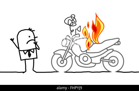 Hand drawn cartoon characters - homme regardant une moto en feu Banque D'Images