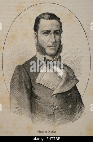 Casto Avenida Maria Mendez Nuñez (1824-1869). Officier de marine de l'armée espagnole. Portrait. Gravure de P. Ross. Nuestro Siglo, 1883. Banque D'Images