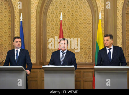 Riga, Lettonie. Feb 26, 2016. Premier ministre estonien Taavi Roivas (L), Premier ministre letton Maris Kucinskis (C) et le Premier ministre lituanien Algirdas Butkevicius (R) assister à une conférence de presse après leur rencontre à Riga, Lettonie, 26 février 2016. © Guo Qun/Xinhua/Alamy Live News Banque D'Images