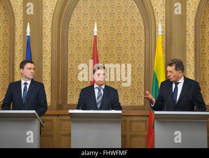 Riga, Lettonie. Feb 26, 2016. Premier ministre estonien Taavi Roivas (L), Premier ministre letton Maris Kucinskis (C) et le Premier ministre lituanien Algirdas Butkevicius assister à une conférence de presse après leur rencontre à Riga, Lettonie, 26 février 2016. © Guo Qun/Xinhua/Alamy Live News Banque D'Images