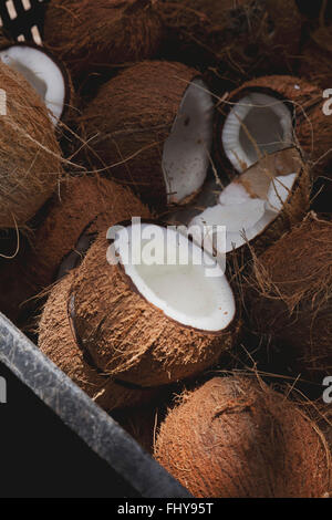 Noix de coco fraîche dans un grand panier de fruits Banque D'Images