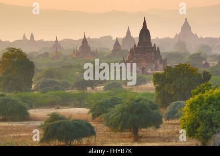 Temples et pagodes au coucher du soleil sur la plaine centrale de Bagan, Myanmar (Birmanie) Banque D'Images