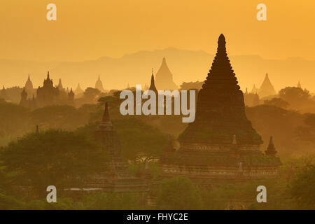 Temples et pagodes au coucher du soleil sur la plaine centrale de Bagan, Myanmar (Birmanie) Banque D'Images