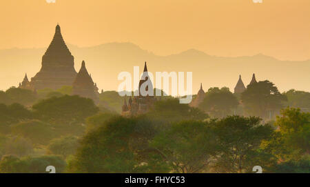 Temples et pagodes au coucher du soleil sur la plaine centrale de Bagan, Myanmar (Birmanie) Banque D'Images