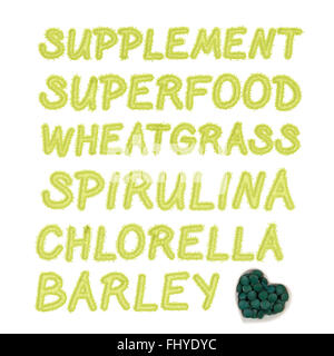 Detox de printemps vert arrière-plan. La spiruline, chlorelle, de l'orge et superfood écrit en lettres vertes en poudre au sol. Dietary Banque D'Images