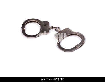 La police menottes en acier sur fond blanc Banque D'Images