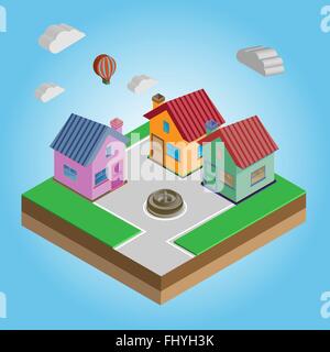 Maisons isométrique dans une rue. Ballon volant dans le ciel avec les nuages. Construction Company bandeau publicitaire. Arrière-plan numérique Illustration de Vecteur