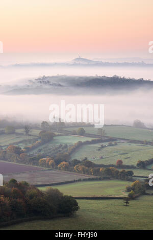 Glastonbury Tor entouré de brumes champs sur Somerset Levels. Banque D'Images