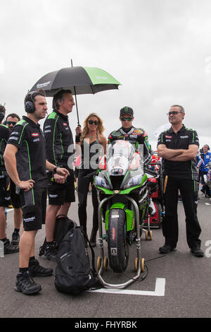 Phillip Island, Australie. Feb 27, 2016. Phillip Island, Australie. La race 1. Jonathan Rea pour l'équitation de l'équipe Kawasaki World Superbike Racing (sur le vélo) attend le début de course 1. Championnat du Monde FIM Supersport, ronde 1. Credit : Russell Hunter/Alamy Live News Banque D'Images