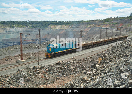 Train minier fournissant le minerai de fer de l'exploitation à ciel ouvert Banque D'Images