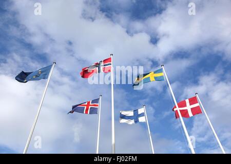 Drapeaux des pays nordiques dans le ciel Banque D'Images