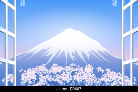 Cerisiers en fleurs autour du Mont Fuji. Vue depuis la fenêtre. Illustration de Vecteur
