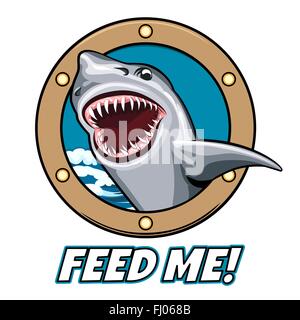 L'emblème de la tête de requin, la bouche ouverte dans la fenêtre de navire et le libellé Feed Me. Cartoon style. Gratuitement police utilisée. Illustration de Vecteur