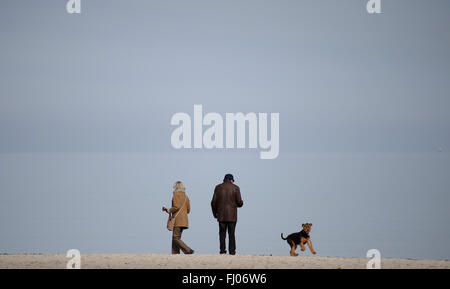 Luebeck-Travemuende, Allemagne. Feb 27, 2016. Un couple avec un chien marchant le long de la plage à côté de la mer Baltique à Luebeck-Travemuende calme, Allemagne, 27 février 2016. PHOTO : DANIEL REINHARDT/DPA/Alamy Live News Banque D'Images