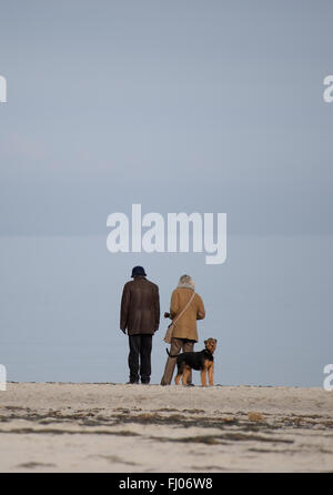 Luebeck-Travemuende, Allemagne. Feb 27, 2016. Un couple avec un chien marchant le long de la plage à côté de la mer Baltique à Luebeck-Travemuende, Allemagne, 27 février 2016. PHOTO : DANIEL REINHARDT/DPA/Alamy Live News Banque D'Images