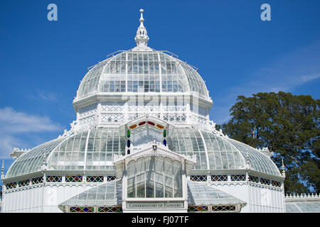 Partie supérieure du conservatoire des fleurs, Golden Gate Park, San Francisco, vue de la promenade publique Banque D'Images