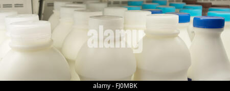 Bouteilles de lait sur réfrigérateur étagère de supermarché store Banque D'Images