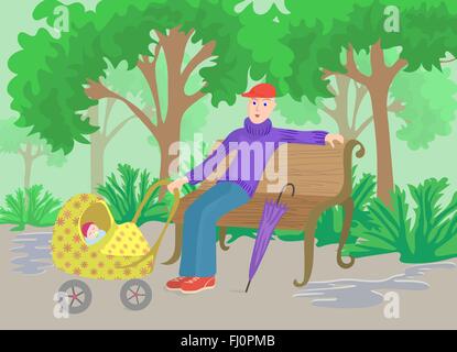 Homme avec enfant dans la pram assis sur un banc de parc après la pluie, cartoon vector illustration. Illustration de Vecteur