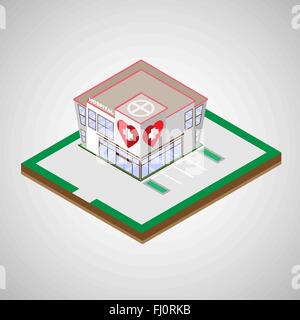 Bâtiment isométrique de l'hôpital avec deux étages et un parking. Établissement de soins de santé. Vector illustration médicale numérique. Illustration de Vecteur