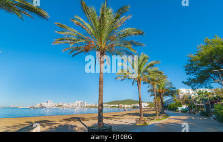 En milieu de matinée sur Ibiza sun waterfront. Chaude journée ensoleillée le long de la plage de St Antoni de Portmany Iles Baléares, Espagne. Banque D'Images