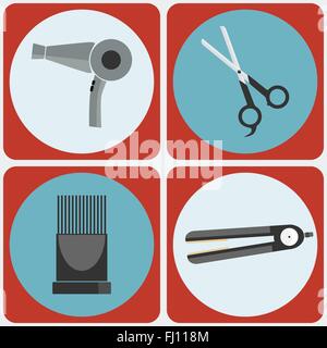 La beauté féminine outils coiffants icon set. Sèche-cheveux, ciseaux, sèche-cheveux, fer plat. Outils de coiffure professionnel. Illustration de Vecteur