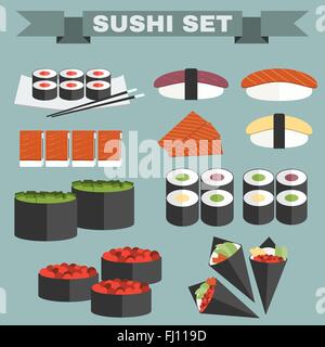 Grand jeu d'icônes de sushi. Différents types de sushi platter avec des baguettes. Rouleaux de sushi, saumon, thon, Sushi Cônes dans Feuilles Nori. Illustration de Vecteur