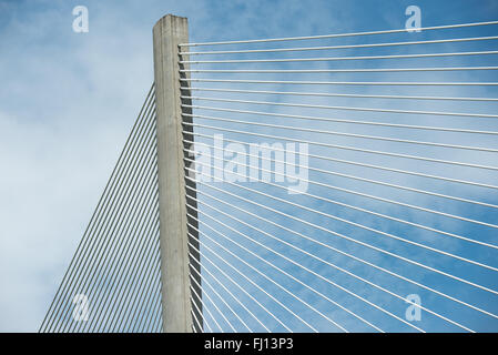 Pont Centennial Panama City Panama | CANAL DE PANAMA, Panama — Une vue rapprochée du pilier en béton conique du Pont Centennial et de son arrangement de câbles de retenue en forme de harpe contre le ciel au-dessus de la Coupe Gaillard. La travée de 2004, construite pour soulager la surchargée Pont des Amériques, utilise un arrangement de câbles en demi-fan ancré à un seul plan central, un design attribué à l'architecte Miguel Rosales avec l'ingénierie structurelle par Leonhardt, Andrä und Partner. Banque D'Images