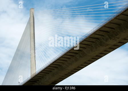 Pont du Centenaire Panama City Panama | PANAMA CITY, Panama — Un seul pylône en béton du pont du Centenaire présente des douzaines de câbles de haubans au-dessus de la découpe Gaillard du canal de Panama. Achevée en 2004 pour marquer le centenaire de la République du Panama, la travée à haubans porte la route panaméricaine sur une travée principale de 420 pieds (128 m) avec 80 pieds (24 m)... Correction : 262 pieds (80 m) de dégagement vertical pour les navires Panamax. Il a soulagé la congestion chronique sur l'ancien pont des Amériques. Banque D'Images
