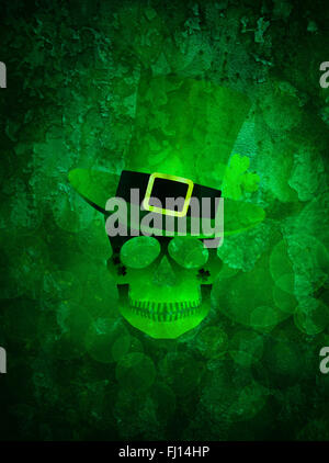 St Patricks Day Green crâne irlandais avec Leprechaun Hat Illustration sur Grunge Texture Background Banque D'Images
