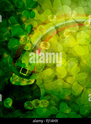 St Patricks Day de l'arrière-plan de feuilles Shamrock avec pot de pièces d'or Leprechaun Hat Illustration Arc-en-ciel Banque D'Images