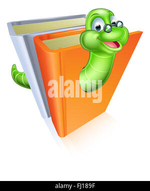 Mascot cartoon Bookworm portant des lunettes qui sortent des livres Banque D'Images