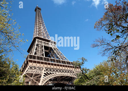 La Tour Eiffel entourée d'arbres, ciel bleu copy space Banque D'Images