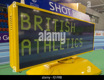 EIS Sheffield, Sheffield, Royaume-Uni. 28 Février, 2016. La piscine d'athlétisme de la deuxième journée. Vue générale de l'affichage électronique sur la piste d'athlétisme intérieure, English Institute of Sport. Credit : Action Plus Sport/Alamy Live News Banque D'Images