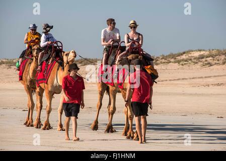 Un chameau train transportant des touristes étant dirigée par les gestionnaires d'un chameau sur 2km à pied le long de la plage Cable Beach à Broome, une perle, côtières et Banque D'Images