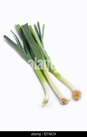 Trois matières premières fraîches entières des tiges de poireaux vert, Allium porrum, isolé sur fond blanc Banque D'Images