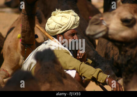 Rajasthani indien chamelier penser au Pushkar camel fait - Pushkar mela au Rajasthan, Inde Banque D'Images