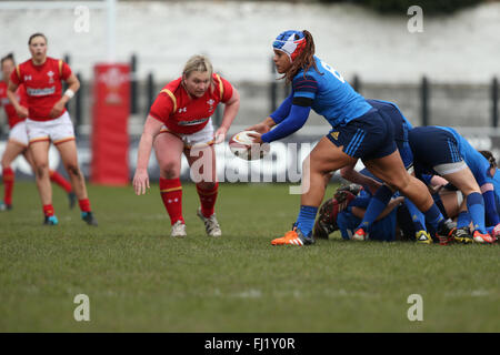 Le Gnoll, Pays de Galles, Royaume-Uni. 28 Février, 2016. - Pays de Galles v France - Women's Tournoi RBS des 6 Nations 2016 - Safi N'Diaye de France passe le ballon Crédit : Samuel Bay/Alamy Live News Banque D'Images