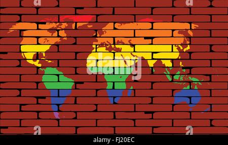 Un mur bien usé peint avec l'arc-en-ciel LGBT dans la silhouette d'ensemble de la carte du monde Illustration de Vecteur