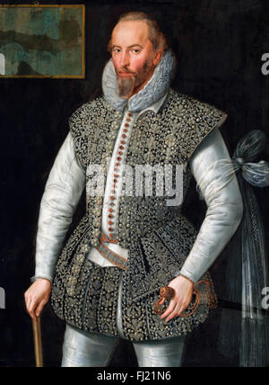 Sir Walter Raleigh (c.1554-1618). Portrait du poète élisabéthain, explorateur, soldat, marin, peint en 1598 par William Segar Banque D'Images