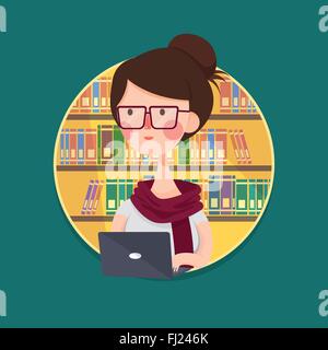 Vector Illustration of a College Girl Student Studying in Library, personnage Illustration de Vecteur