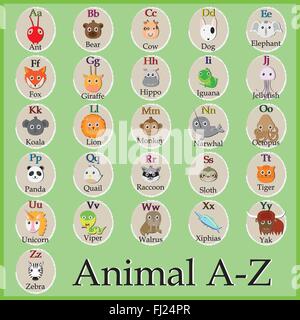 Alphabet des animaux mignons. Drôle de personnage. A, B, C, D, E, F, G, H, I, J, K, L, M, N, O, P, Q, R, S, T, U, V, W, X, Y, Z Illustration de Vecteur