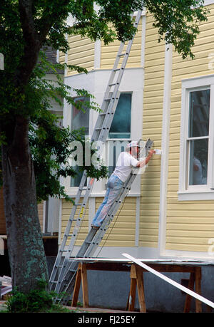 Peintre professionnel sur l'échelle la peinture maison historique, Charleston, Caroline du Sud, USA Banque D'Images